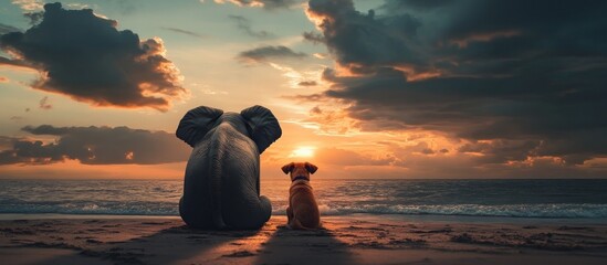 Wall Mural - Elephant and Dog Watching Sunset