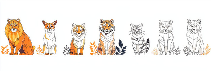 A row of colorful and  line drawn cats and tigers.