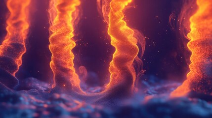 Wall Mural - Twisting 3D columns of abstract fire rising from the ground, glowing with intense light and heat.