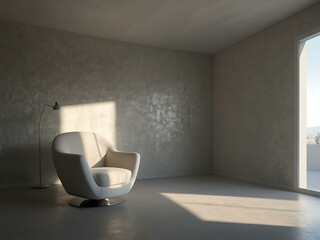 Wall Mural - White room interior with a single armchair and sunlight.