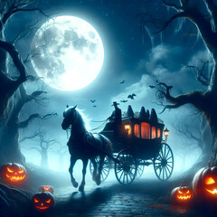 Ghostly carriage pulled by ghostly horses driven by skeletal figure in misty enchanted forest on moonlit night.