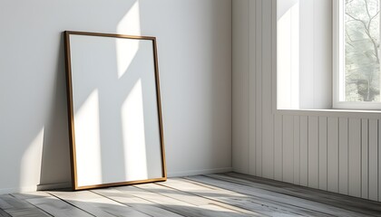 Wall Mural - Sunlit white vertical frame on the floor against white walls, capturing serene moments in a softly illuminated room