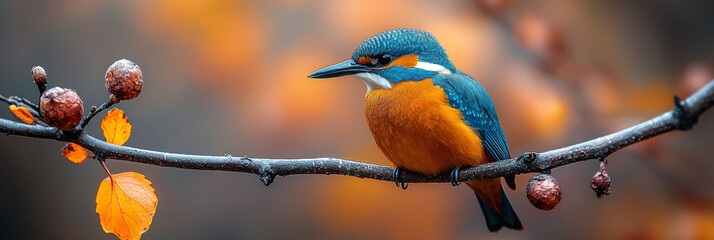 Wall Mural - A small, blue and orange bird perched on a branch in autumn.