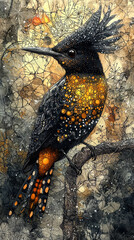 Wall Mural - A stylized illustration of a black bird with orange accents perched on a branch.