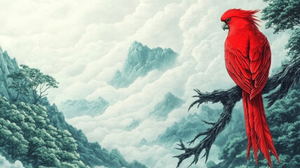 Canvas Print - A vibrant red parrot perched on a branch overlooking a misty mountain range.