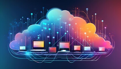 A vibrant illustration of cloud computing, showcasing connected devices within a digital cloud, emphasizing technology and data exchange.