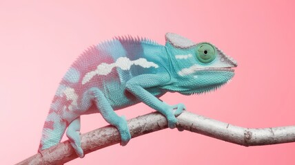 Wall Mural -  Chameleon on pink background 