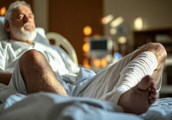 A patient resting in a hospital bed with a bandaged leg, reflecting a healing environment.