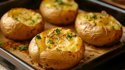 Four baked potatoes with parsley on a baking sheet.