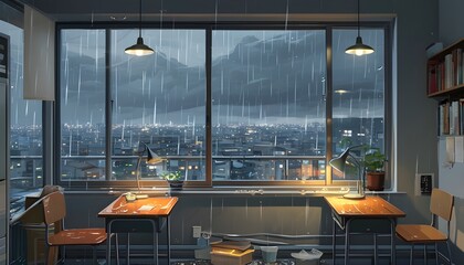 Cozy rainy day vibes with a colorful anime-inspired interior, perfect for studying; a serene stormy evening viewed through a light grey window.