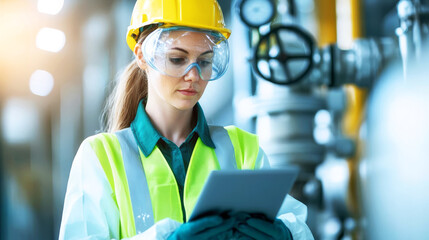 Female engineer in protective clothing examining a gas pipeline, energy infrastructure, safety in the field