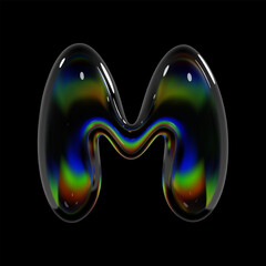 Wall Mural - 3d holographic glass letter M with translucent glossy shiny surface. Balloon bubble shape isolated letter with rainbow dispersion effect for Y2K futuristic font design and modern typography