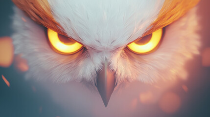 Wall Mural - Close-up of an owl's intense gaze with bright yellow eyes.