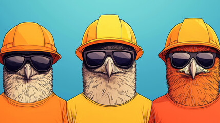 Canvas Print - Three birds wearing hard hats and sunglasses.