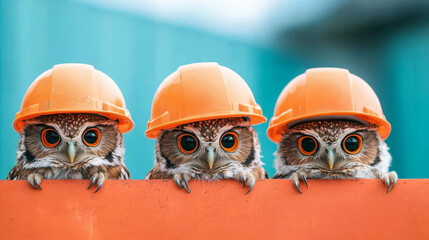 Canvas Print - Three owls wearing hard hats peek over a construction barrier.