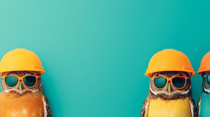 Canvas Print - Two owls wearing hard hats and sunglasses on a blue background.