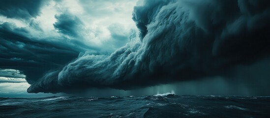 Wall Mural - Dramatic Storm Clouds Over Ocean with Dark Sky and Turbulent Waves Captured in High Resolution