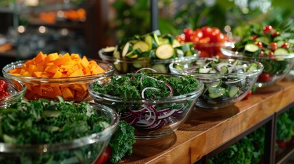 Fresh vegetables and fruits arranged in bowls at a vibrant salad bar for lunchtime selections