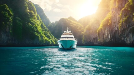 Stunning yacht sailing through serene waters surrounded by lush cliffs and vibrant greenery, capturing a tranquil sunset.