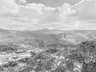 Wall Mural - Green hills under blue summer sky landscape in Ireland, pencil drawn sketch illustration