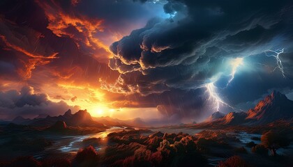 Wall Mural - A different kind of storm with the drama and energy of nature. The setting sun mixed with rain clouds.