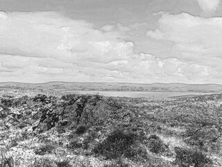 Wall Mural - Green hills under blue summer sky landscape in Ireland, pencil drawn sketch illustration