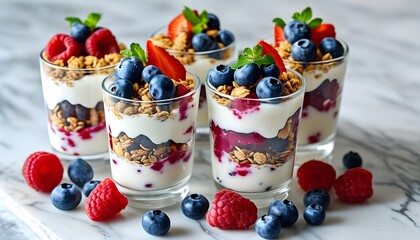 Wall Mural - Vibrant fruit and yogurt parfaits with blueberries, raspberries, and granola on a sleek white marble countertop