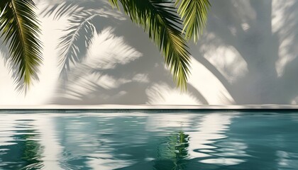 tropical vibes with palm tree shadows casting on a sunlit white wall, reflecting serene water and cr