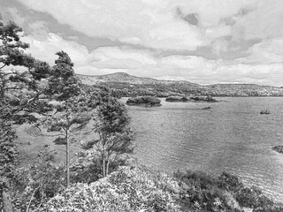 Wall Mural - Green parks and rivers in Ireland, vivid Irish landscape background, pencil drawn sketch illustration