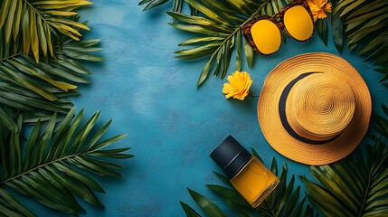 Summer vacation essentials hat, sunglasses, cologne and palm leaves on a blue background.