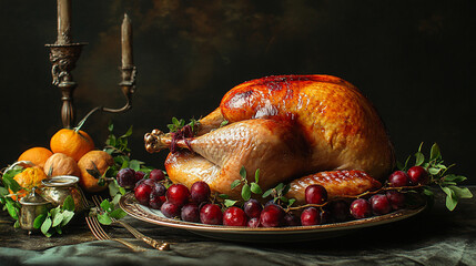 Roast turkey on luxury table. Thanksgiving day.