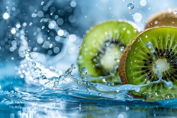 Wall Mural - cut kiwi falls into the water with splashes