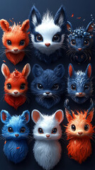 Wall Mural - Nine adorable furry creatures with big eyes and soft fur.