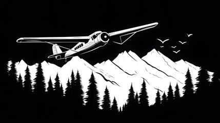 A black-and-white, simple vector graphic of an old plane flying over the mountains