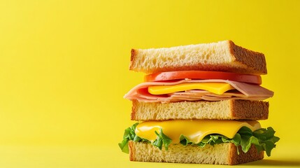 Canvas Print - A ham and cheese sandwich on a yellow background.