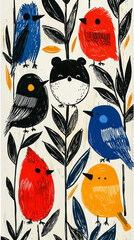 Poster - Colorful birds and a bear on a white background.