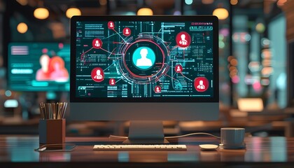 Wall Mural - Futuristic virtual business network displayed on a digital screen with people icons representing human resources and care in a social media style