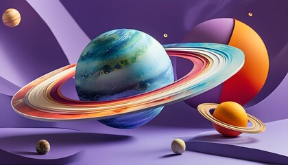 Vivid 3D Paper Art of Planets with Swirling Colors on a Purple Background in Diverse Artistic Styles