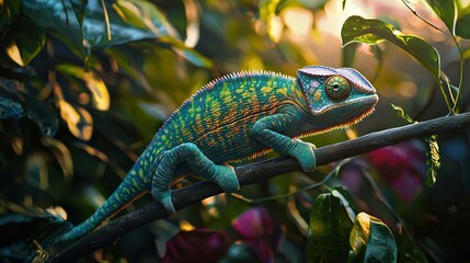 Wall Mural -  Painting of a chameleon on a tree branch in front of a flowery bush