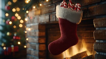 Sticker -  A Christmas stocking hangs from a fireplace, in front of a lit tree