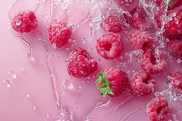 Wall Mural - Fresh raspberries getting splashed with water on pink background