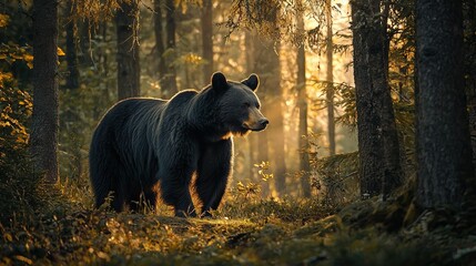 Poster -   A large, brown bear walks through a lush forest on a sunny day, surrounded by towering trees and rustling leaves