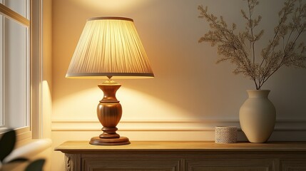 Cozy lamp on a wooden table with a vase and decorative elements.