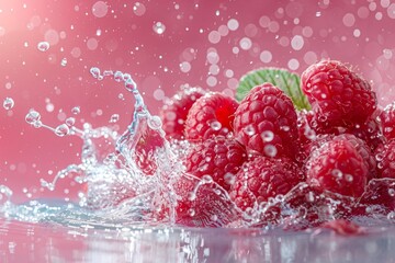 Wall Mural - Fresh raspberries getting splashed with water on pink background