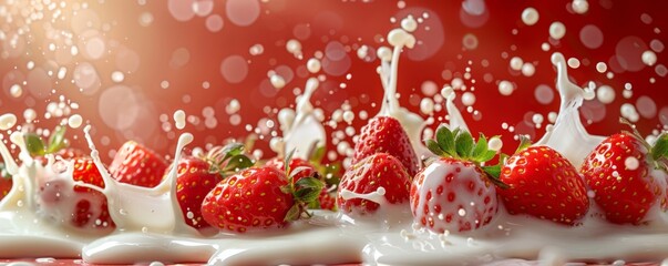 Wall Mural - Fresh strawberries splashing into milk on red background