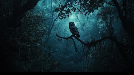 Canvas Print -   An owl rests on a tree branch amidst a dense forest's green foliage and blue undertones