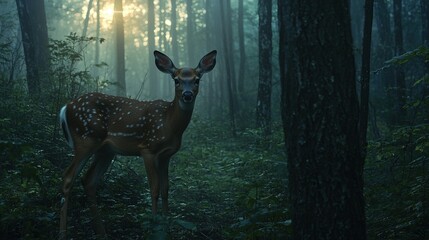 Sticker -   A deer in the center of a misty forest beneath the sun's rays filtering through the tree canopy