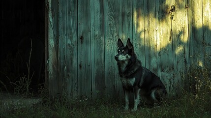 Sticker -   A monochromatic pooch resting amidst verdure near a timbered structure, with a tree's silhouette cast upon it