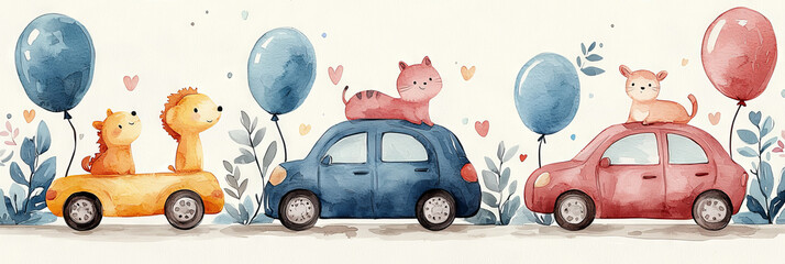 Wall Mural - Cute animal friends go for a ride in their cars.