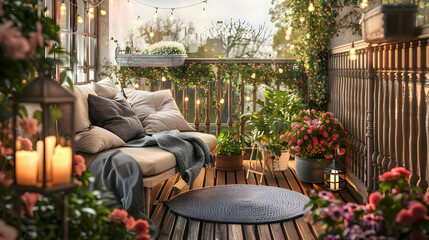 Wall Mural - Cozy Balcony Decor Relaxing Outdoor Space with Flowers and Lighting